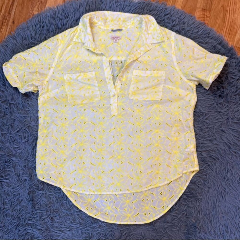 Merona White Yellow Floral Eyelet Lace 1/2 Button Popover Cotton Blouse Size XXL